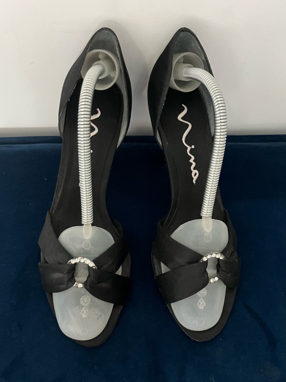 Nina Black Satin Open-Toe Heels with Crystal Buckle